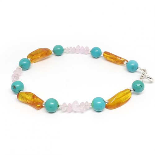 Bracelet turquoise, quartz rose et ambre