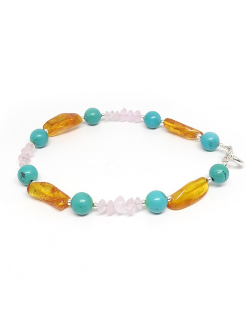 Bracelet turquoise, quartz rose et ambre
