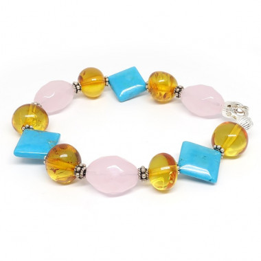 Bracelet turquoise, quartz rose et ambre