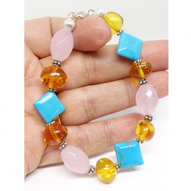 Bracelet turquoise, quartz rose et ambre
