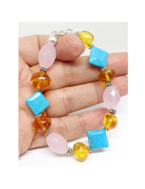 Bracelet groses pierres de turquoise, quartz rose et ambre