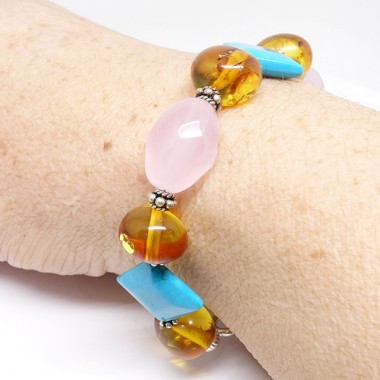 Bracelet turquoise, quartz rose et ambre