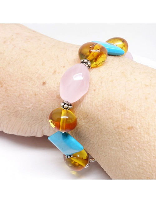 Bracelet groses pierres de turquoise, quartz rose et ambre