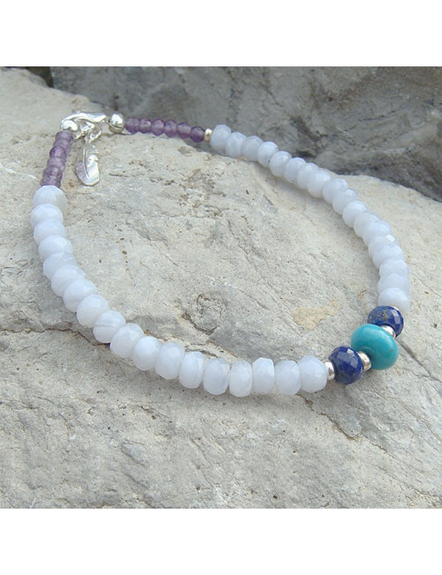 Bracelet calcédoine, lapis lazuli, turquoise et améthyste