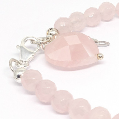 Bracelet  quartz rose et perles d'eau douce avec breloque coeur