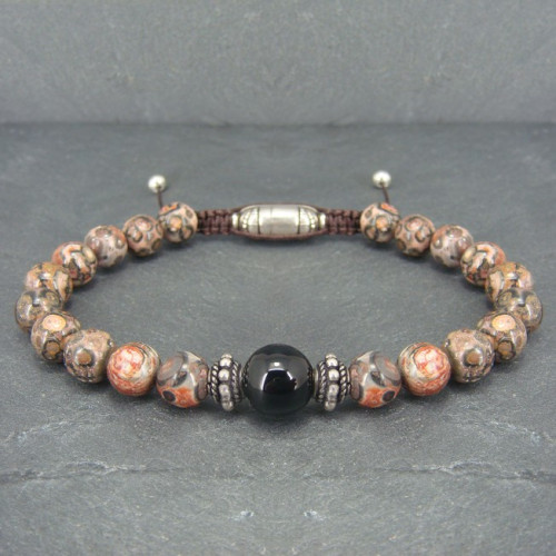 Bracelet homme jaspe léopard et une perle onyx