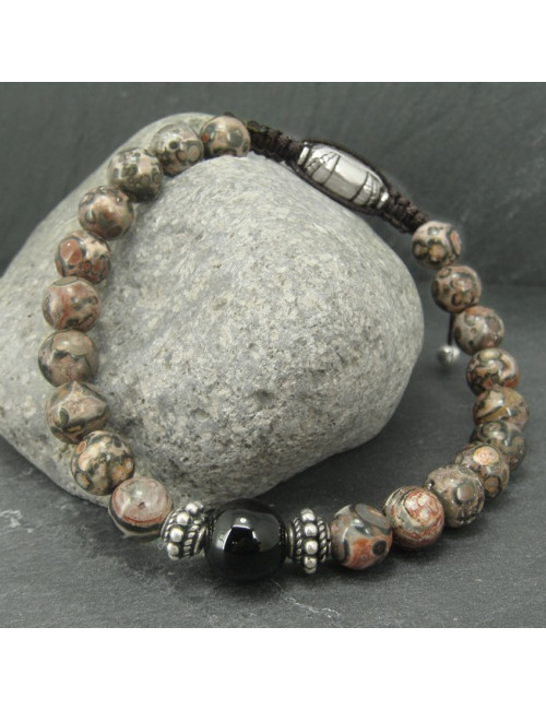 Bracelet homme jaspe léopard et une perle onyx