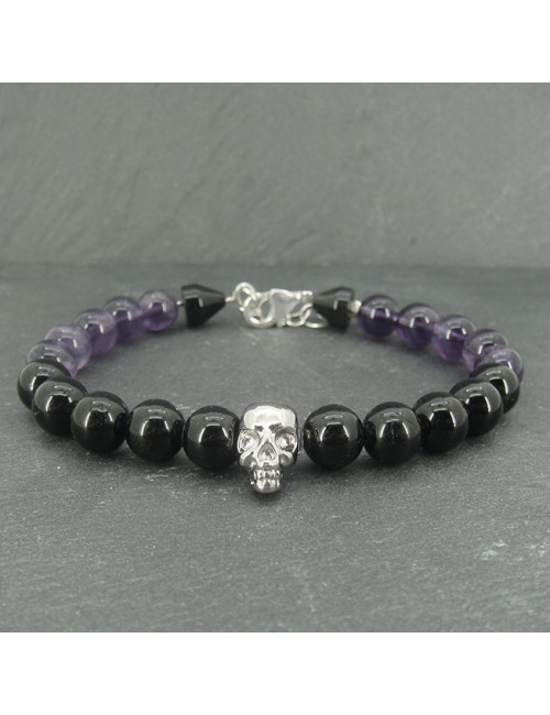 Bracelet "skull" homme améthyste et onyx avec mousqueton