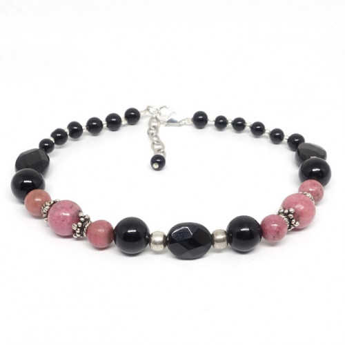 Bracelet rhodonite et onyx, perles facettées et rondes