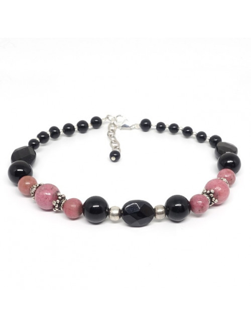 Bracelet rhodonite et onyx, perles facettées et rondes