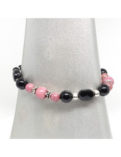 Bracelet rhodonite et onyx, perles facettées et rondes