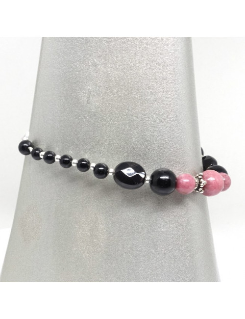 Bracelet rhodonite et onyx, perles facettées et rondes