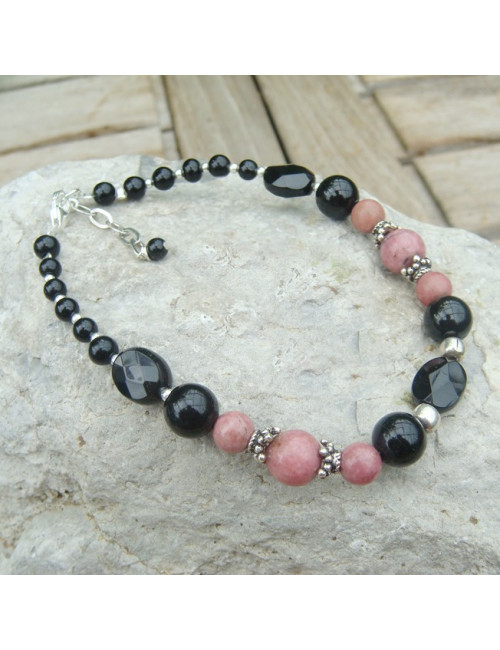 Bracelet rhodonite et onyx, perles facettées et rondes