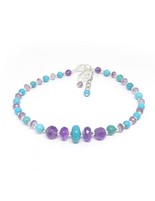 Bracelet turquoise et améthyste facettée, breloque Bouddha