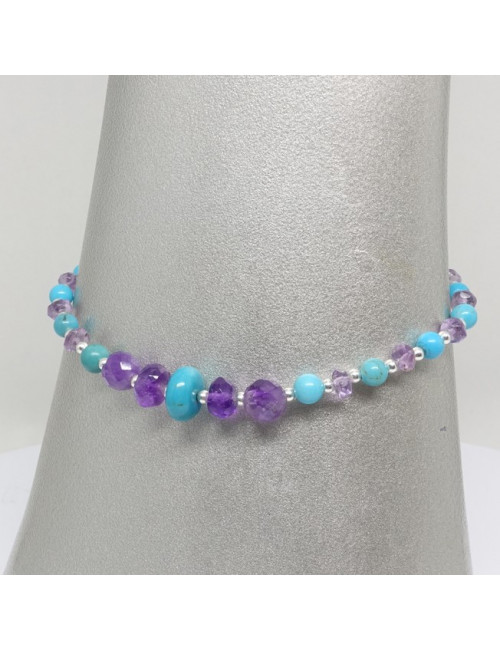 Bracelet turquoise et améthyste facettée, breloque Bouddha