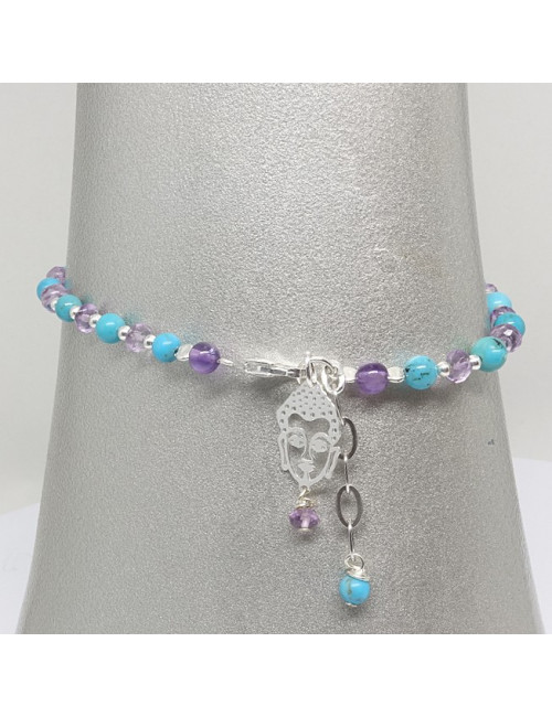 Bracelet turquoise et améthyste facettée, breloque Bouddha