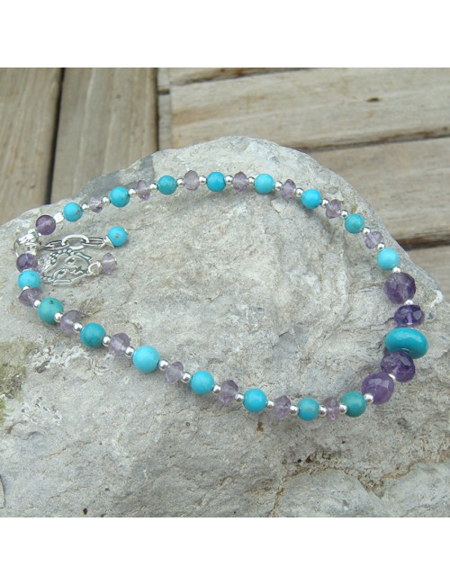 Bracelet turquoise et améthyste facettée, breloque Bouddha