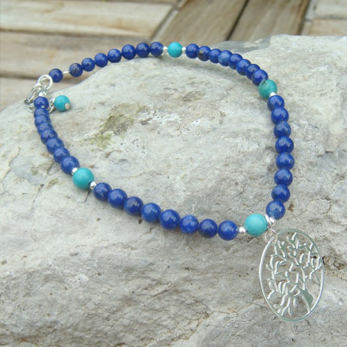 Bracelet lapis lazuli et turquoise, breloque arbre de vie