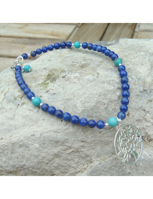 Bracelet lapis lazuli et turquoise, breloque arbre de vie