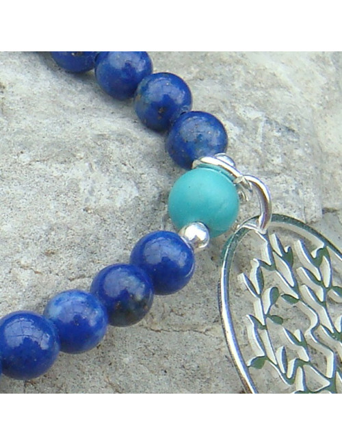 Bracelet lapis lazuli et turquoise, breloque arbre de vie