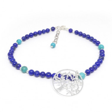 Bracelet lapis lazuli et turquoise, breloque arbre de vie