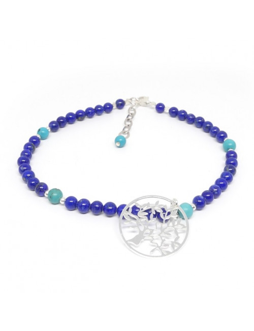 Bracelet lapis lazuli et turquoise, breloque arbre de vie