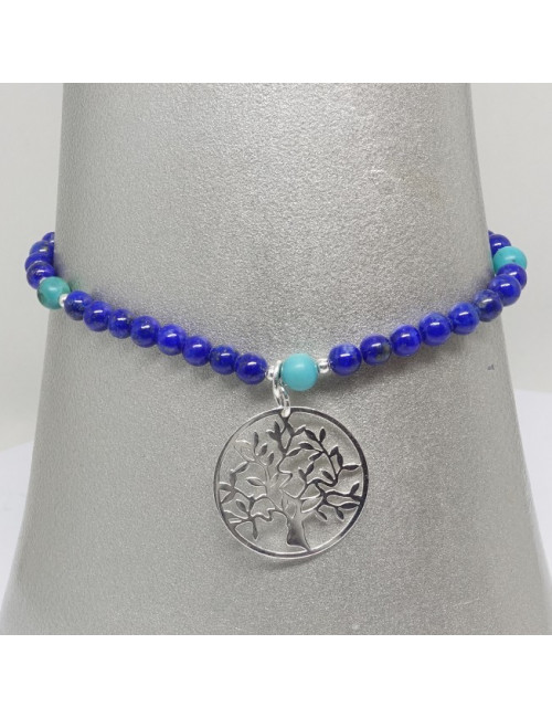 Bracelet lapis lazuli et turquoise, breloque arbre de vie