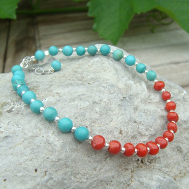 Bracelet corail et turquoise,  petites perles ag925