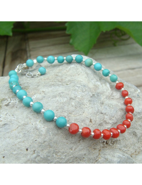 Bracelet corail et turquoise,  petites perles ag925