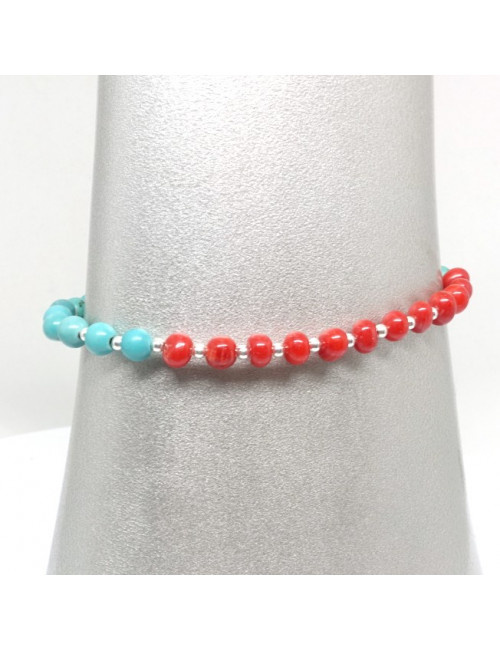 Bracelet corail et turquoise,  petites perles ag925