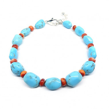 Bracelet corail et turquoise,  petites perles ag925