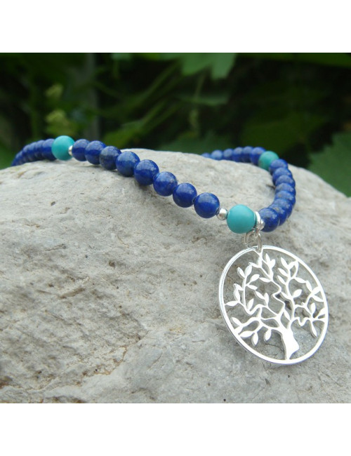 Bracelet lapis lazuli et turquoise, breloque arbre de vie