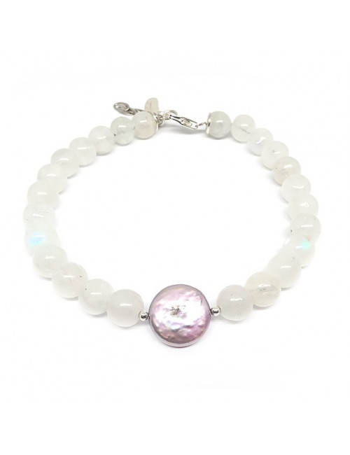 Bracelet pierre de lune et perle biwa, breloque plume d'aigle