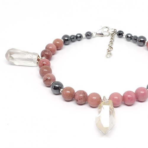 Bracelet rhodonite, hématite et cristaux de roche