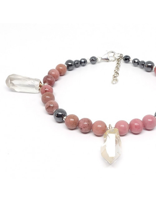 Bracelet rhodonite, hématite et cristaux de roche