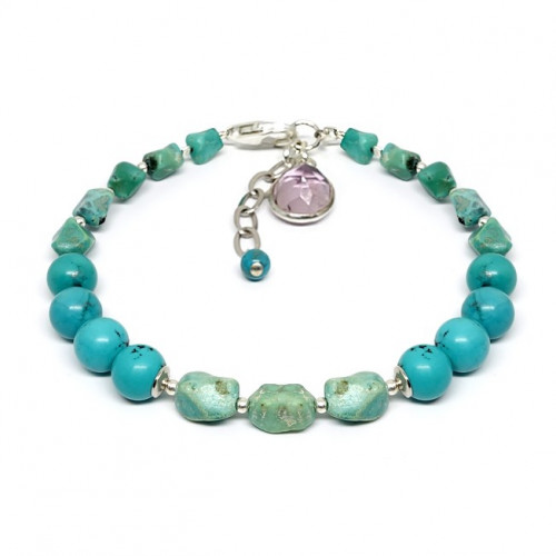 Bracelet turquoise et améthyste facettée, breloque Bouddha