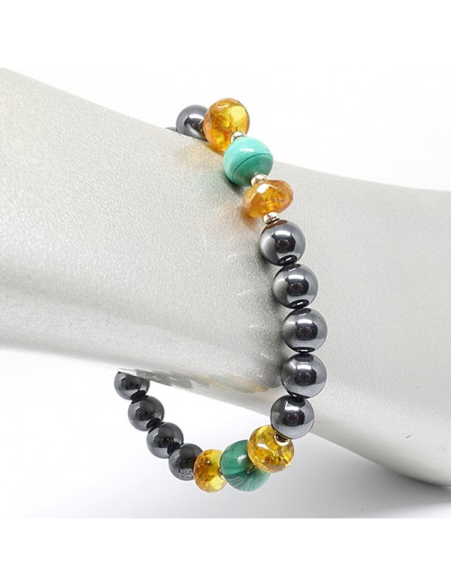 Bracelet hématite, ambre facettée et malachite