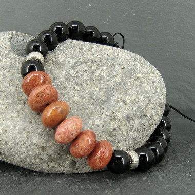 Bracelet homme obsdienne noire et corail gorgone
