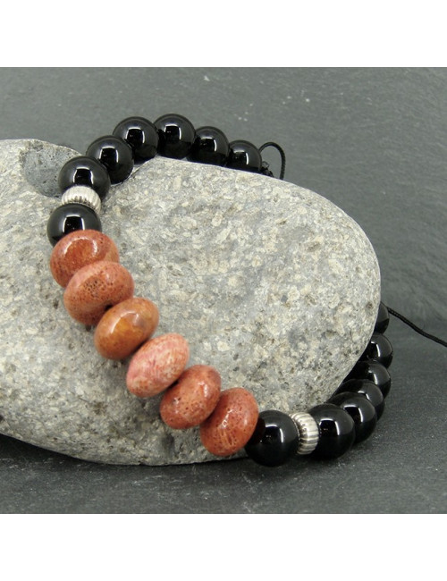 Bracelet homme obsdienne noire et corail gorgone