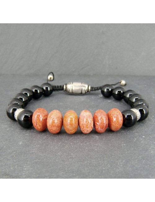 Obsdienne noire et corail gorgone, Bracelet homme