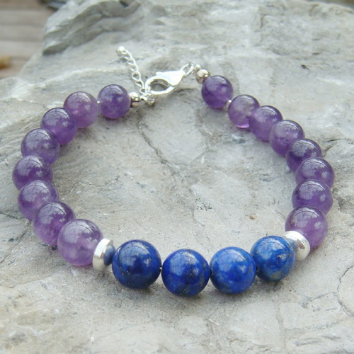 Bracelet Perles 8mm - Quartz Rose, Améthyste, Lapis Lazuli Et Bois - Marque A Bijoux, Neuf Avec étiquette