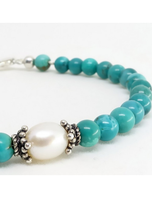 Turquoise et biwa , bracelet perles 5 et 6 mm