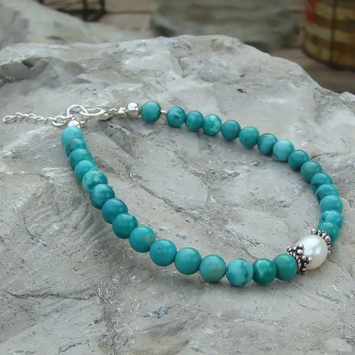Turquoise et biwa , bracelet perles 5 et 6 mm Turquoise et biwa , bracelet perles 5 et 6 mm
