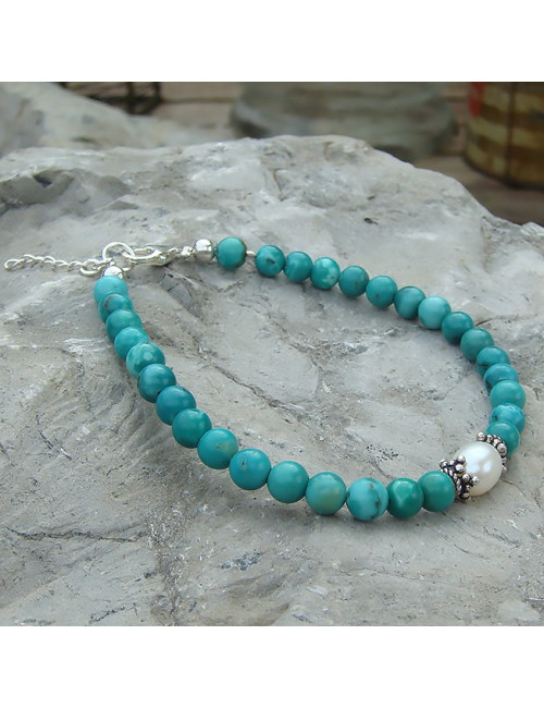 Turquoise et biwa , bracelet perles 5 et 6 mm