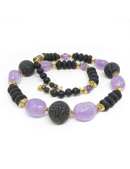Améthyste et lave, long collier