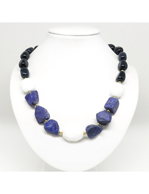 Lapis lazuli, onyx, agate blanche, collier court