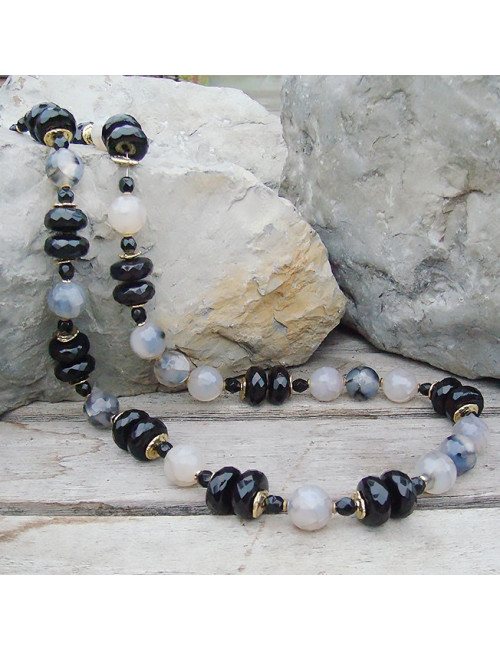 Onyx, agate naturelle craquelée, long collier