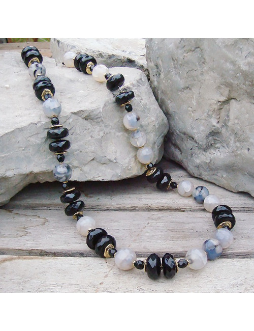 Onyx, agate naturelle craquelée, long collier
