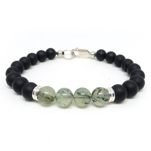 Onyx noir mat et prehnite, Bracelet homme