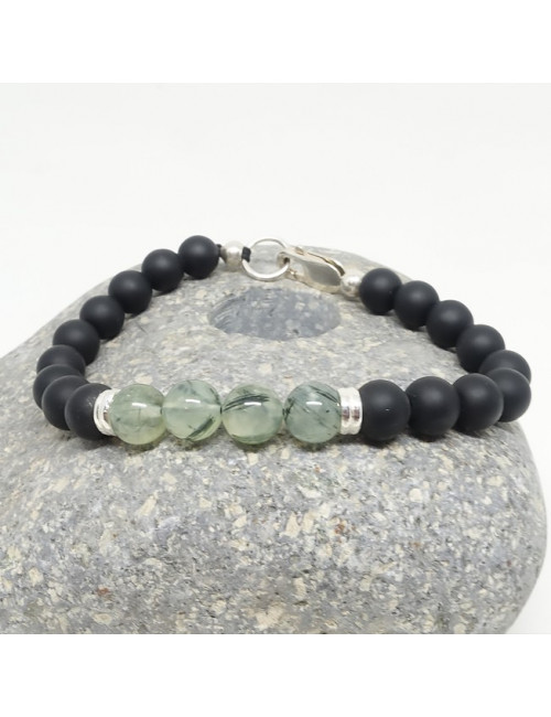 Onyx noir mat et prehnite, Bracelet homme